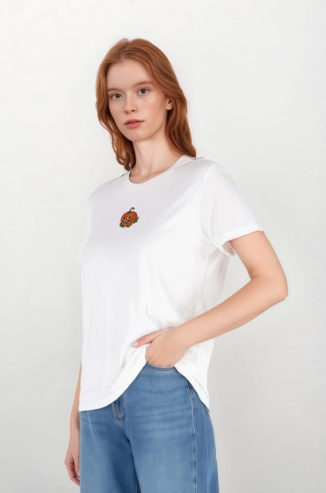 Haloween Pumpkin Nakışlı Slim Fit Kadın Tshirt